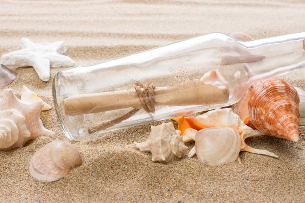 istock Message in bottle on the beach. Summer background with hot sand 678433882