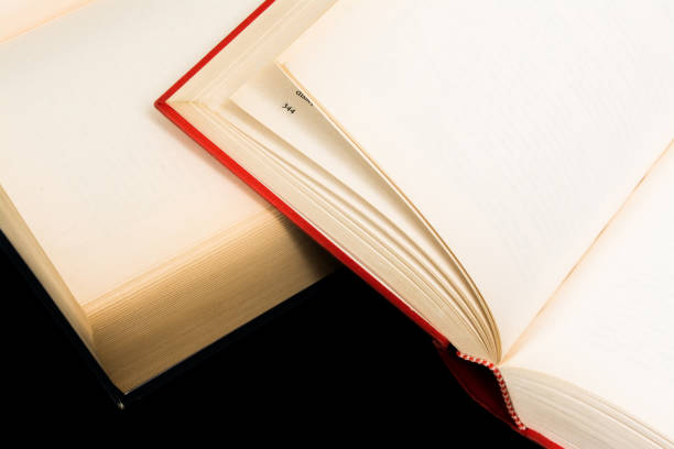 istock Vintage old open book on black background 678434416