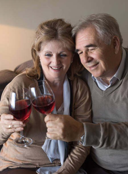 istock Happy senior couple toasting with red wine at home. 678438426