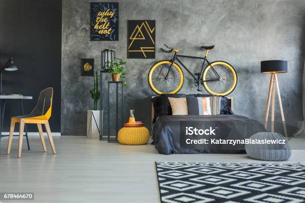 Bedroom With Working Area Stock Photo - Download Image Now - Bicycle, Bedroom, Bed - Furniture