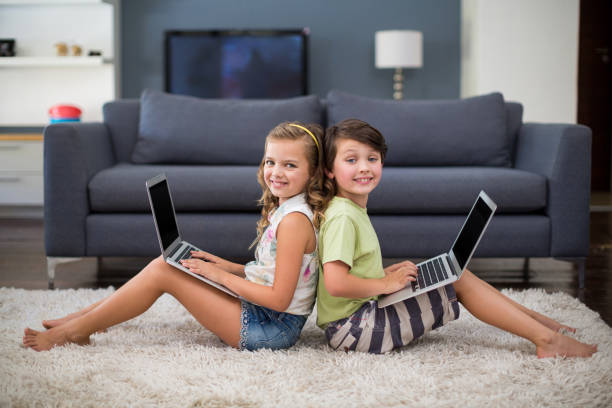 istock Smiling siblings sitting back to back and using laptop in living room 678483594