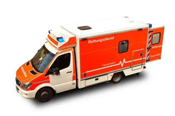 Photo of Emergency ambulance car (rettungswagen) Germany, Deutschland isolated on a white background.Top-to-top view.