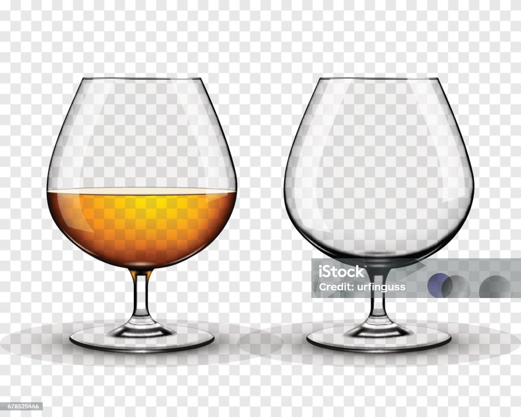Two brandy glasses (empty and with alcohol) isolated on transparent background Drinking Glass stock vector