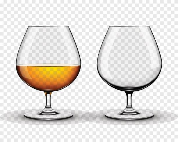 Two brandy glasses (empty and with alcohol) isolated on transparent background vector art illustration