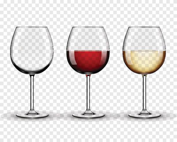 ilustraciones, imágenes clip art, dibujos animados e iconos de stock de set de vector transparente copas de vino vacías, con blanco y rojo vino sobre fondo transparente - copa de vino