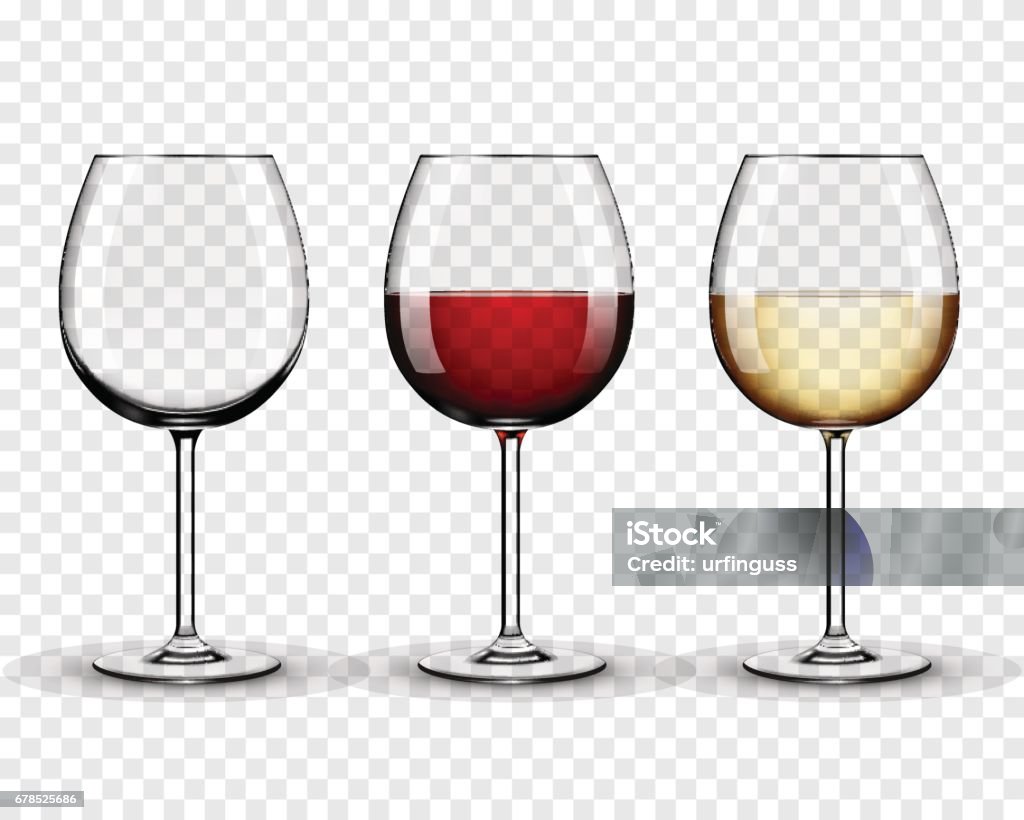 Set transparent vector wine glasses empty, with white and red wine on transparent background Wineglass stock vector