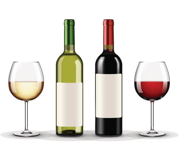 butelki czerwonego i białego wina i kieliszki wina wyizolowane na białym tle - no label illustrations stock illustrations