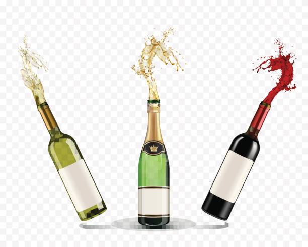 wektorowe butelki szampana i wina plusk na przezroczystym tle - champagne champagne flute pouring wine stock illustrations