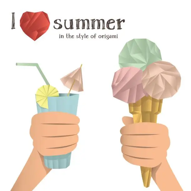 Vector illustration of Hands holding ice cream and a cocktail, made in the style of origami