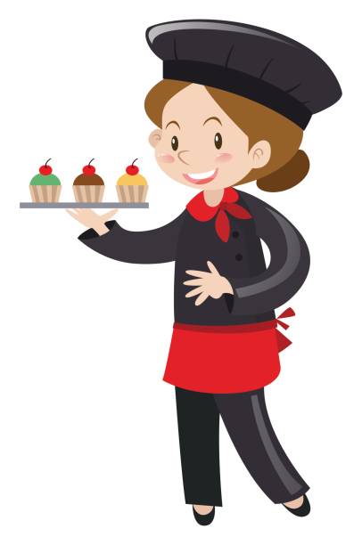 ilustrações de stock, clip art, desenhos animados e ícones de female baker holding cupcakes - bakery women cake cupcake