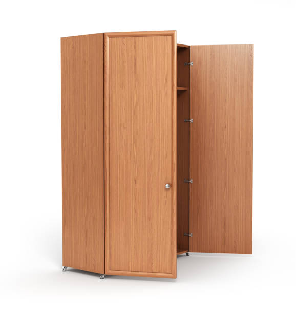 istock Empty open wooden wardrobe isolated on the whitebackground. 3d illustration 678554444