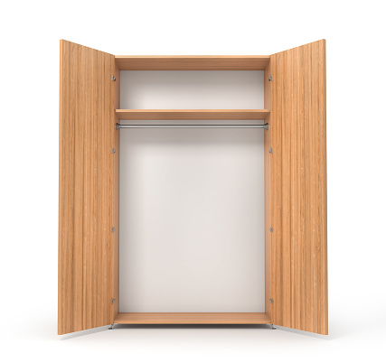 Empty open wooden wardrobe isolated on the whitebackground. 3d illustration