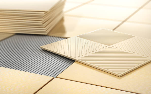 proces powlekania podłogowego. płytki ceramiczne na podłodze wyłożonej kafelkami. ilustracja 3d - tile adhesive zdjęcia i obrazy z banku zdjęć