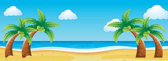 Scene With Coconut Trees On The Beach Stock Illustration - Download Image  Now - Cartoon, Sea, Summer - iStock