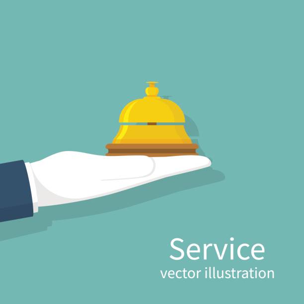 Hand holding service bell Hand holding service bell. Vector illustration flat design. Isolated on background. Bell hotel. Receptionist concept. Portrait, concierge. Giving service. service occupation stock illustrations