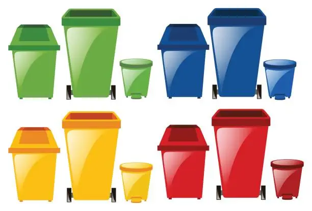 Vector illustration of Set of trashcans in different colors
