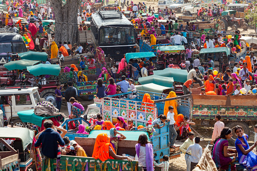 Jaipur, Rajasthan, India – March 24, 2014 : People specially villagers arrives at Chaksu Fair in Jaipur by various means of transporatation,