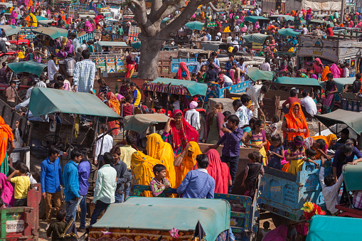 Jaipur, Rajasthan, India – March 24, 2014 : People specially villagers arrives at Chaksu Fair in Jaipur by various means of transporatation,