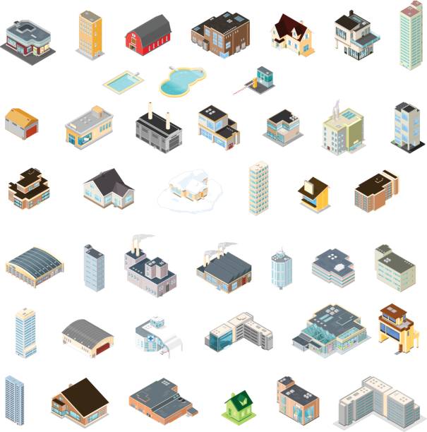 Generic Isometric Buildings Icons. Large Icon set of isometric buildings. Various vector isometric architecture. isometric factory stock illustrations