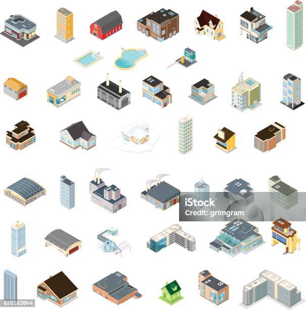 Generic Isometric Buildings Icons Stock Illustration - Download Image Now - Isometric Projection, Three Dimensional, Icon Symbol