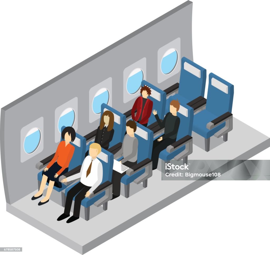 Aircraft Interior Isometric View. Vector Aircraft Interior Isometric View Jet Passenger on Comfort Seat Flight Economy Class Service. Vector illustration Isometric Projection stock vector