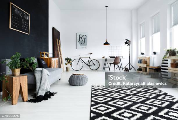 Multifunctional Black And White Room Stock Photo - Download Image Now - Office, Studio - Workplace, Living Room