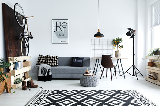 Hipster style, white living room with sofa, pouf, carpet, bike