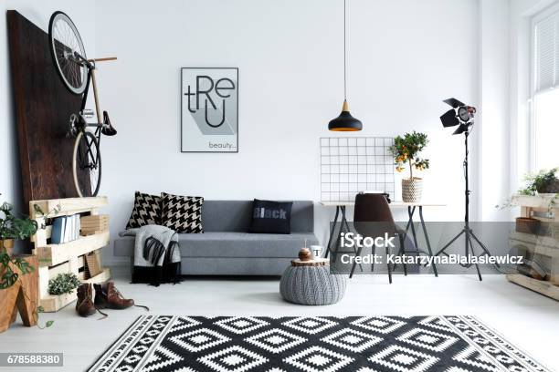 White Living Room With Sofa Stock Photo - Download Image Now - Black And White, Living Room, Modern