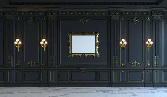 Black wall panels in classical style with gilding and frame. 3d rendering
