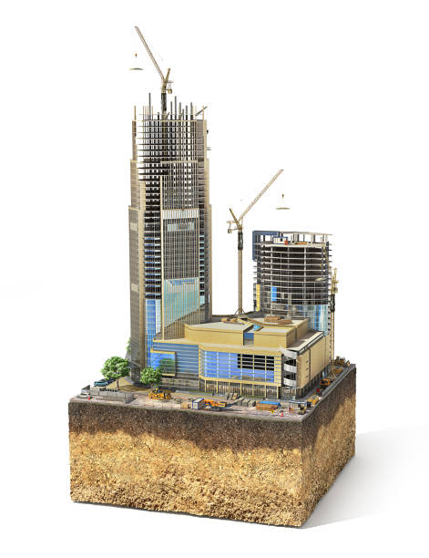 istock Construction concept. Skyscraper in process of construction on the sliced patch of earth. 3d illustration 678603048