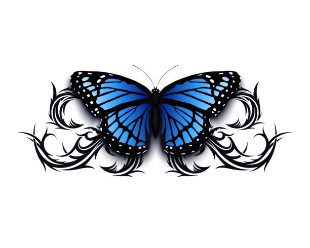 Realistic butterfly icon on top of abstract tribal. Realistic butterfly icon on top of abstract han drawn tribal ornament. Tatto design template Vector illustration. butterfly tattoo stencil stock illustrations