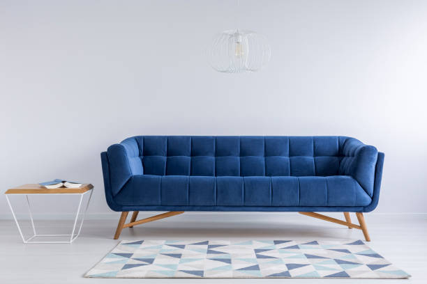 Comfortable blue couch Comfortable blue couch and wooden coffee table in simple white apartment animal imitation stock pictures, royalty-free photos & images