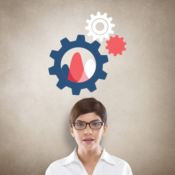 istock Businesswoman with machine gear icon 678604494