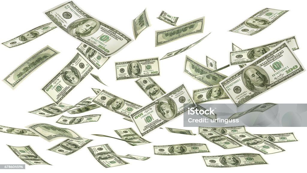 Falling money on a white background. Dollars rain. 3d illustration Flying Stock Photo