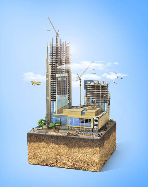 istock Construction concept. Skyscraper in process of construction on the sliced patch of earth. 3d illustration 678604828