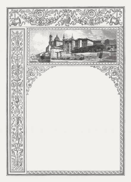 Renaissance ornament frame with a veduta of Urbino, Italy Renaissance ornament frame with a veduta of Urbino, Italy - Home town of the painter Raffaello Sanzio. Wood engraving, published in 1884. church borders stock illustrations