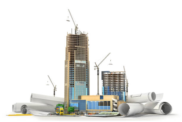 istock Construction concept. Skyscraper in process of construction on the blueprints. 3d illustration 678606150