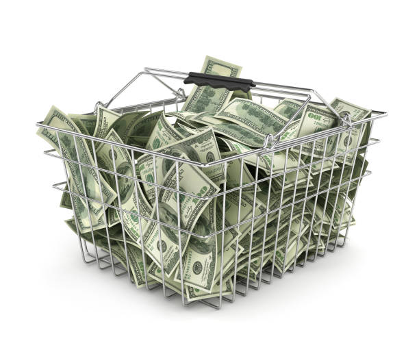 istock Stack of dollar bills in the shopping basket. 3d illustration 678606162