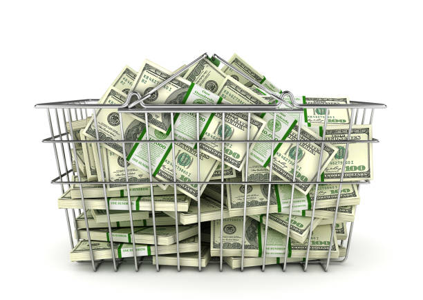 istock Stack of dollar bills in the shopping basket. 3d illustration 678607404
