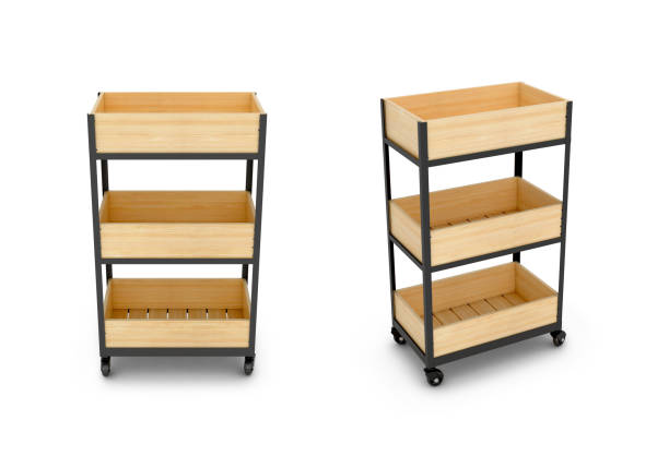 istock Wooden shelves for bakery products. 3D illustration 678607830