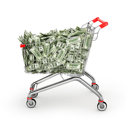 Money Trolley. Shopping cart full of money bills. 3d illustration