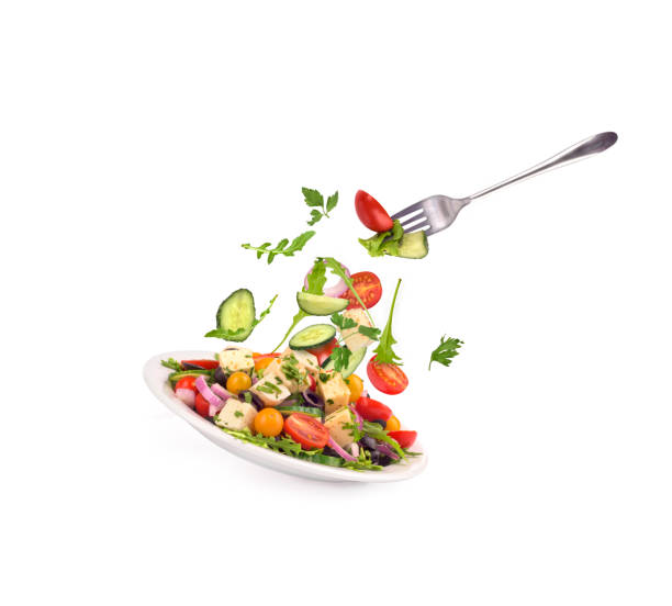 salad in a plate on a white background - caprese salad salad restaurant vinegar imagens e fotografias de stock