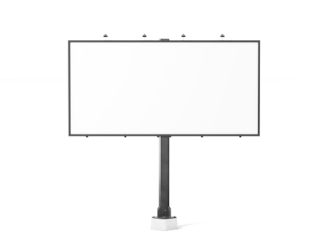 Blank white banner mockup on black city billboard, 3d rendering. Empty bill board mock up isolated. Clear canvas template on sity street sign. Large outdoor poster screen. Big cityboard signage stand.
