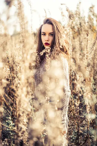 Outdoor fashion photo of young beautiful lady in autumn landscape with dry flowers. Knitted sweater, wine lipstick. Warm Autumn. Warm Spring