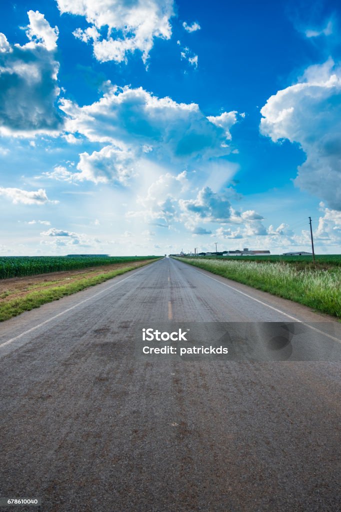 Image of wide open Corn Harvest with a paved highway stretching out in the middle and bright blue sky in the summer time Asphalt Stock Photo