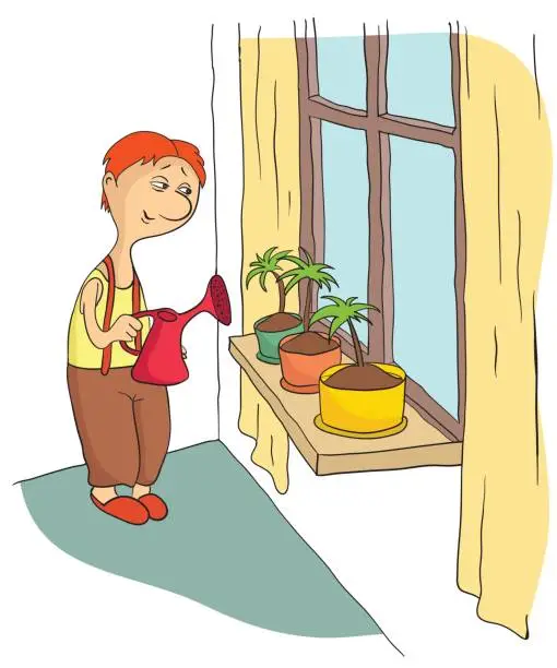 Vector illustration of Young man watering flowers standing on the window sill. Vector illustration