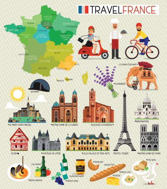 Marcos França e mapa de viagem. Ícones de viagens de França. Ilustração em vetor. - ilustração de arte em vetor