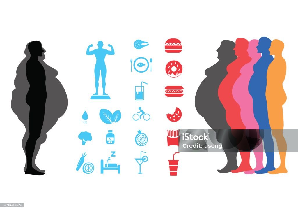 fat body, weight loss, overweight silhouette illustration Overweight stock vector