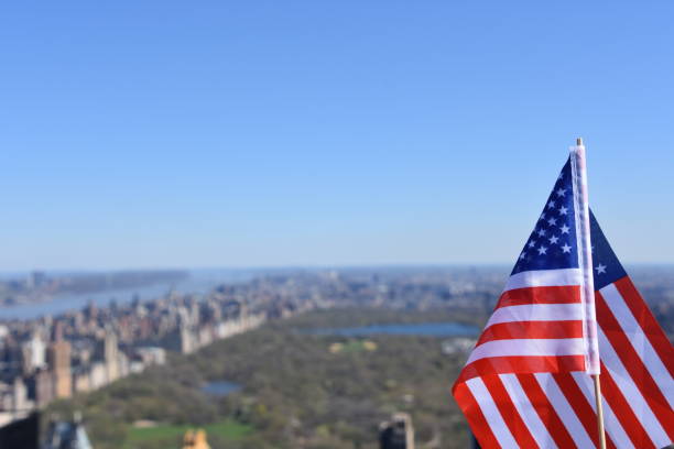 istock US flag against the background of Central Park 678694966