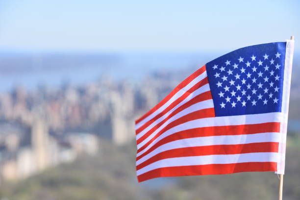 istock US flag against the background of Central Park 678695100